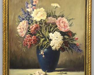 Archie Palmer Wigle, American, 1881-1963.  An early 20th century oil on artist board floral still life.  Signed "A. Palmer Wigle" lower left.  Some surface grunge.  Image 21 3/4 x 25 3/4" high, in a molded softwood frame with wear, 25 3/4 x 29" high overall.