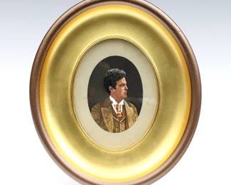 Giovanni Montelatici, Italian, 1864-1930.  An early 20th century Pietra Dura inlaid stone portrait of a man.  Depicted quarter length in a Brown suit.  Signed "G. Montelatici" mid left.  Minor discoloration, small chip the Gray stone border.  Image 5" high, in a re-painted wooden frame with some shrinkage, 9 1/4" high.  
