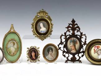Seven 19th century miniature portraits of women.  Includes four on porcelain and three on antique ivory.  Plaque in carved wooden frame marked "Firenze", jeweled frame marked "A.M.W. 24KT Gold Plate".  Portraits on ivory with some wear and damage.  Images up to 2 1/2" high, in various frames with wear, damage or missing elements, up to 6 3/4" high overall.  