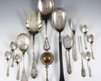 Fourteen pieces of Sterling and Coin Silver flatware.  Includes six Sterling utensils, a set of six Sterling demitasse spoons, a Chinese Silver pickle fork with inlaid stone, and a Coin Silver serving spoon.  Each with impressed Silver or maker's marks.  Approx. 16.26 troy ozs total.  Some wear, several monogrammed.  Up to 12 1/4" long.