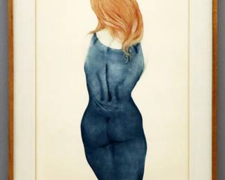 Gatja Helgart Rothe, German/American, 1935-2007.  A 20th century mezzotint in colors on paper, titled "Girl".  Signed "G.H. Rothe" lower right, titled lower center and numbered "53/60" lower left.  Some toning, very slight foxing, not examined out of frame.  Image 19 x 27" high, in an Oak frame with minor wear, 26 x 35 1/2" high overall.