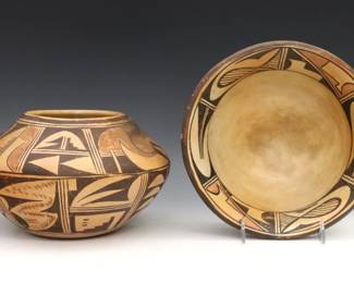 Two mid 20th century Native American Earthenware vessels, likely Hopi.  Includes an olla and bowl with geometric polychrome decoration.  Both with flakes, olla with hairlines along rim, some wear to decoration overall.  Up to 9" diameter x 6" high overall. 
