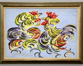 Chucho Reyes (Jesus Reyes Ferreira), Mexican, 1880-1977.  A mid 20th century tempera painting on heavy paper depicting two abstracted Roosters.  Signed "Jesus Reyes Ferreira" lower right.  Tear to paper mid right, areas with lifting and flaking particularly along edges, not examined out of frame.  Image 37 x 25 1/2" high, in a molded wood frame with minor wear,  43 1/4 x 32" high overall.