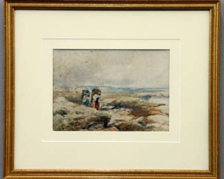 David Cox, English, 1783-1859.  A mid 19th century watercolor on paper seascape.  Depicts two women walking with baskets along an English shoreline.  Signed "David Cox" and dated "1846" lower left.  Some toning and foxing, not examined out of frame.  Image 12 1/4 x 8 1/2" high, in a later Gilded wood frame with minor wear, 22 1/4 x 18 3/4" high overall.