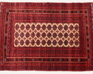 A 4.4' x 5.10' Bokhara Tribal rug. Multi-color geometric design on a Red field with three rows of central medallions and multiple borders.  Some wear and minor fading, losses to fringe and binding.
