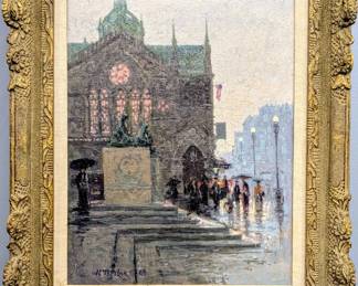 John Charles Terelak, American, b. 1942.  A 1980's Impressionist oil on canvas Boston cityscape.  Depicts a rainy day with figures entering the Trinity Church in Copley Square as it appeared in the early 1900's.  Signed "JC Terelak" and dated "86" lower left, retains gallery tag from Mongerson-Wunderlich, Chicago.  Slight surface grunge, fabric mat with staining.  Image 15 3/4 x 19 3/4" high, in a Gilded wood frame, 23 x 27" high overall.  
