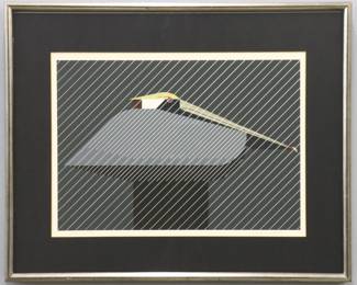 Charley Harper, American, 1922-2007.  A 1970's Modernist serigraph on paper, titled "Pelican in a Downpour".  Signed "C. Harper" lower right and numbered "691/1500" lower left.  Minor toning in margins, not examined out of frame.  Image 19 x 14" high, in a contemporary Silver tone wood frame with minor wear, 26 1/4 x 21 1/4" high overall.  
