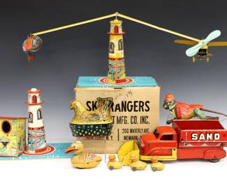 Seven mid 20th century lithographed tin toys.  Includes a Unique "Sky Rangers" wind-up planes toy with original box and a second base, a Marx Sand dump truck, a German mechanical bank, a Chinese climbing monkey, a Baldwin wind-up Chicken, and a Japanese friction Duck toy.  One plane missing tail, others with some wear and minor damage.  Up to 9" high.  
