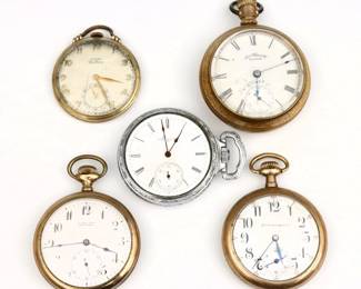 Fived Gold Filled and base metal pocket watches by various makers including Elgin, Waltham and Burlington.  Open face, stem wind movements with porcelain and metal dials.  Some wear and damage, AS-IS, not tested.