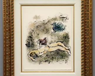Marc Chagall, Russian/French 1887-1985.  A color lithograph on watermarked Arches paper, titled "Tityus" (ref. M. 782) from "The Odyssey" series, 1974.  Unnumbered from the edition of 270, "Martin Lawrence Gallery" certificate verso.  Slight toning, not examined out of frame.  Image 12 3/4 x 16 1/2" high, in a Gilded wood frame, 24 x 28" high overall.