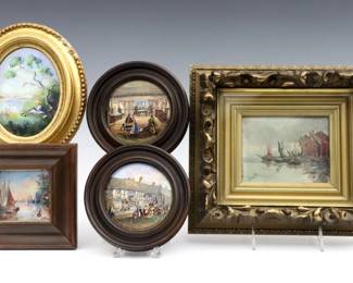 Five small 19th to early 20th century scenes.  Includes an oil on canvas harbor scene with illegible artist signature, a French enameled copper plaque with landscape design initialed "HB", a miniature oil on glass Venetian sunset boat scene by "R.G. Harris" (n.d.), and a pair of framed Prattware pottery lids depicting Stratford, England.  Venetian scene with flaking, pottery with slight crazing.  Images up to 5" high, in various wooden frames with some wear and minor damage, up to 9 3/4" high.  