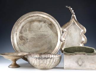 Five Sterling and .900 Silver items.  Includes a Steiff presentation tray, a scalloped bowl, a foliate form tray, a KMK weighted compote and a .900 letter box.  Each marking "Sterling", "925" or "900".  45.77 troy ozs total, weighable pieces only.  Surface wear, tray inscribed, some with slight denting.  Up to 12" diameter and 4 1/2" high.  
