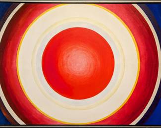 Dr. William Sylvester Gamble, American, 1912-2009.  A 1960's Liquitex on canvas Op-Art depiction of the Japanese national flag, titled "Hi-No-Maru Ten".  Signed "WMS. Gamble", dated "1966" and titled verso with gallery labels from The Kresge Art Center (Lansing, Michigan) and the Detroit Institute of Arts.  Some surface grunge and minor losses to paint.  Image 46 x 33 3/4" high, in painted wood frame with some wear, 47 x 35" high overall.  