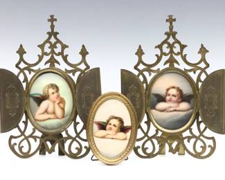 Three 19th century portraits of Cherubs on porcelain after Rafael.  Slight wear to paint, single with minor staining.  Plaques up to 3 1/4" high, in cast metal frames with some wear to patina, up to 8" high.  