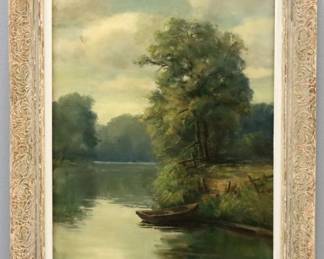 Archie Palmer Wigle, American, 1881-1963.  An early 20th century oil on canvas landscape, titled "On the Thames".  Depicts a rowboat anchored to the shore of the Thames in summer.  Signed "A. Palmer Wigle" lower right, titled and additionally signed verso, canvas stamped "Salon" and "Combe & Co. / Artists Colourmen" Glasgow verso.  Some craquelure, surface grunge, scrape to canvas upper left.  Image 13 1/2 x 17 1/2" high, in a distressed wooden frame with some wear, 18 1/2 x 22 1/2" high overall.