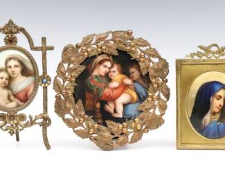 Three 19th century religious portraits on porcelain after the Old Masters.  Includes two of the Madonna and Child after Rafael, and one after "Madonna del Dito".  Madonna del Dito with wear to paint, others with slight surface wear.  Plaques up to 4" high, in various cast metal frames with some wear and missing elements, up to 6 1/2" high.  
