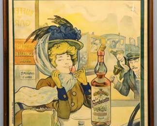 A turn of the century advertising poster for "La Framboisiette" liqueur.  Lithograph on paper after Francisco Tamagno, Art Nouveau depiction of a woman drinking at a train stop.  Printed by "La Lithographie Parisienne".  Toning and some foxing, some water damage at bottom, minor creases.  Image 44 1/4 x 63" high, in a molded wood frame with minor wear, 48 1/4 x 67" high overall. 