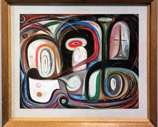Dr. William Sylvester Gamble, American, 1912-2009.  A 1950's pastel on paper figural abstract, titled "Ur Child Thirteen: Memorial One".  Titled and dated "1951" on artist label verso.  Minor wear.  Image 28 x 22 1/2" high, in an Oak frame with minor wear, 36 1/4 x 31" high overall.  
