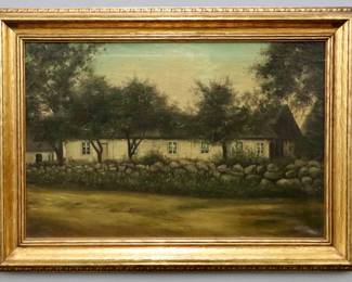 A turn of century oil on canvas landscape.  Depicts a White rural building on the edge of a riverbank with low stone wall.  Monogrammed "MC" (n.d.) lower left.  Some surface grunge and discoloration.  17 1/4 x 11 3/4" high, in a Gilded wood frame with minor wear, 21 1/4 x 15 1/4" high overall. 