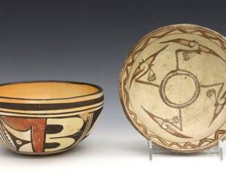 Two early and mid 20th century Native American Earthenware bowls.  One Zuni and the other likely Hopi with polychrome decoration.  Some wear to decoration.  Up to 7" diameter and 3 1/2" high.  
