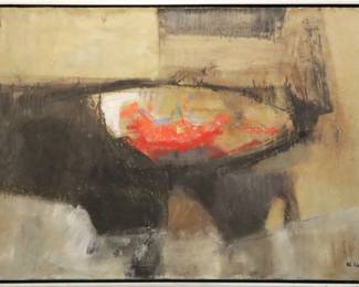 William Lewis, American (Ann Arbor, MI), 1918-2020.  A 1960's oil on canvas abstract, titled "All Thy Works Shall Praise Thy Name".  Signed "W. Lewis" and dated "1966" lower right, titled verso.  Some surface grunge.  Image measures 36 x 24" high, in a painted silver wood frame, 37 x 25" high overall.   PROVENANCE: From the estate of the artist.
