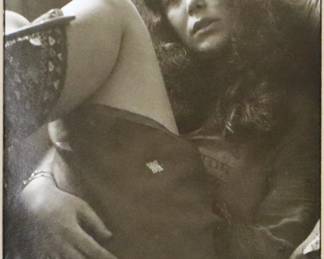 Edmund Teske, American, 1911-1996.  Four vintage Silver Gelatin photographs mounted to cardstock.  Includes a 6 x 9" portrait of a woman titled "Sherrie / 1970", a 10 x 6 3/4" portrait of a man titled "Grant Maiben / 1983", a 7 x 9 3/4" untiled image of a nude pregnant woman and man, and a 6 1/2 x 4 1/2" image of flowers titled "In the Garden of Murray Dr. / 1972".  Each signed "E. Teske" at back or on board.  Portrait of Sherrie with black touch-ups, minor surface wear, photos lifting from adhesive, cardstock with some wear.  Unframed, mounted up to 13 x 20 1/4" high. 