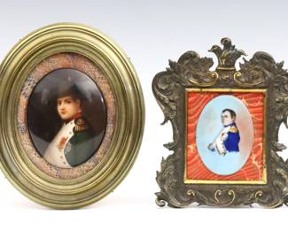 Two turn of the century miniature porcelain portraits of Napoleon.  Each depicted quarter length in military uniforms.  Plaques with minor surface wear.  Plaques up to 3 1/2" high, in cast metal frames with some wear and missing elements, up to 6 1/2" high.  
