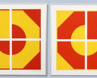 Cyril Lixenberg, Dutch, 1932-2015.  A pair of late 20th century silkscreens on paper.  Each a Modernist geometric abstract in Red and Yellow.  Both signed "C. Lixenberg" lower right and numbered "66/100" lower left.  Very slight toning, not examined out of frames.  Images 25 x 25" high, in aluminum frames with minor wear, 25 3/4 x 25 3/4" high overall.