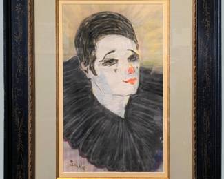 Sarkis Sarkisian, Turkish/American, 1909-1977.  A 20th century pastel on paper portrait of a white-face Harlequin.  Signed "Sarkis" lower left.  Minor wear, not examined out of frame.  Image 11 1/4 x 18 3/4" high, in a molded wood frame with minor wear, 24 x 31" high overall.  
