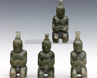 Four Chinese carved Hardstone tomb figures.  Minor surface wear, a few flakes to edges, one may be lacking implement.  Up to 5" high.  
