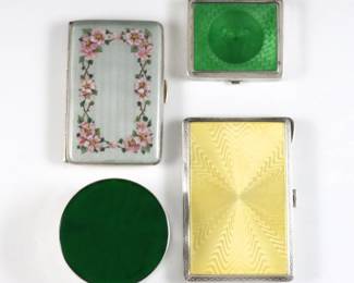 Four early 20th century Silver cases with Guilloche enamel decoration.  Rectangular and circular forms, includes an English Sterling cigarette case with Yellow decoration by George Stockwell (marked "GS" with London 1926 hallmarks), an Austrian .900 Silver cigarette case with floral decoration by Georg Adam Scheidt (marked "GAS" with Viennese hallmarks and "900"), an English Sterling snuff box with Green decoration by Wright & Davies (marked "WFW" with London 1900 hallmarks and "Houghton & Gunn" London retailer mark) and a Sterling compact with Green floral basket decoration (marked "A" Star "Sterling").  Some surface wear, Austrian case inscribed at interior and lacks internal strap, compact retains powder.  Up to 2 1/4" diameter and 3 1/2" long.  
