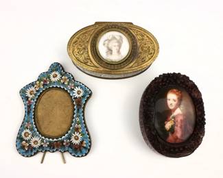 Two turn of the century French trinket boxes with an Italian micro-mosaic frame.  Includes French molded resin and Gilded Bronze trinket boxes with porcelain portrait plaques, and a miniature Italian frame with floral micro-mosaic design.   Resin box signed "T.P. Danbiere, Paris".  Minor losses to micro-mosaic, resin box's porcelain plaque with damage, some wear to patina.  Up to 3 1/2" high.  