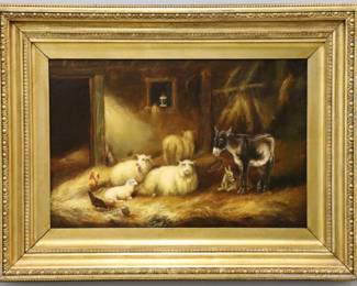 A turn of the century European oil on canvas barn scene.  Depicts livestock resting in a barn among stacks of hay.  Partial signature visible lower right, possibly "G. W…", canvas stamped "Reeves & Son / London" verso.  Previously cleaned, some in-painting particularly along edges.  Image 23 1/2 x 15 1/2" high, in a Gilded wood frame with minor wear and separation, 33 x 25" high overall. 