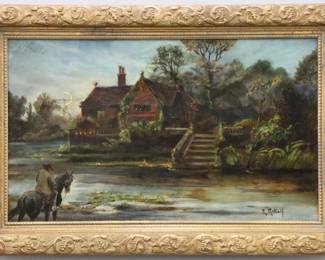A 19th century oil on canvas landscape.  Depicts a man on horseback gazing across a riverbank at an estate with stone steps and small fishing boat at the water's edge.  Signed "R. Metcalf" (n.d.) lower right.  Some craquelure, a few small flakes at edges with in-painting, minor surface grunge.  Image 20 x 11 3/4" high, in a later wooden frame with painted Gold finish and minor wear, 24 x 16" high overall. 
