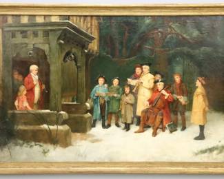 William M. Spittle, English, 1858-1917.  A late 19th century oil on canvas genre scene.  Depicts Christmas Carolers before a Tudor style house with a man and daughter on the doorstep and figures in the doorway.  Signed in monogram "W M S" and dated "1895" lower right.  Canvas cleaned, re-varnished and lined with some craquelure.  Image 73 1/4 x 47 1/4" high, re-framed in a Gilded wood frame, 80 1/2 x 54 3/4" high overall.  
