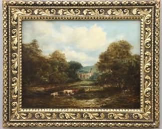 Attributed to Thomas Creswick, British, 1811-1869.  A mid 19th century oil on canvas country landscape.  Depicts a shepherd and cattle at the edges of a forest with an old stone church in the distance.  Canvas lined with annotation verso reading "Signed T. Creswick".  Some surface grunge.  Image 13 1/4 x 10 1/4" high, in a Gilded wood frame, 17 1/2 x 14 1/2" high overall.  