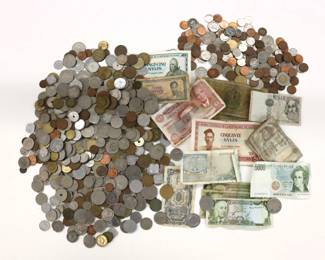 A collection of currency including 400+ coins and fifteen bills.  Majority is foreign, some with Silver content, U.S. coins post 1970.  Wear and some damage, circulated. 