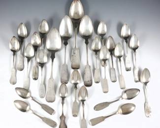 Twenty-five American Coin and Sterling Silver spoons.  Includes eighteen coin spoons and seven Sterling spoons by various makers.  Each marked "Coin", "Sterling" or have Coin maker's marks.  17.29 troy ozs total.  Some wear and minor denting.  Up to 8 3/4" long.  
