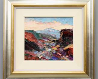 Jim Rabby, American, b. 1947.  A 1990's sculpted oil on canvas landscape, titled "Mt. Wheeler, Taos".  Depicts a colorful abstracted view of the mountain peak in New Mexico.  Signed "Rabby" lower left, additionally signed "John Rabby", titled and dated "1/92" on stretcher verso.  Minor craquelure.  Image 15 3/4 x 13 3/4" high, in a contemporary molded wood frame with gold finish, 29 1/4 x 27 1/4" high overall.