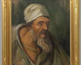 Karl Kappes, American, 1861-1943.  A turn of the century oil on canvas portrait of a bearded man.  Depicted quarter length wearing a turban with an abstracted background.  Signed "K. Kappes" lower left.  Good condition, previously cleaned.  Image 15 3/4 x 19 1/2" high, in a contemporary Gilded wood frame, 20 3/4 x 24 1/2" high overall.  