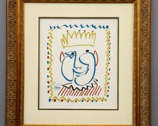Pablo Picasso, Spanish, 1881-1973.  A color lithograph on paper, titled "Le Roi".  An image for Carnaval de Nice, 1951, from an unknown edition.  Signed "Picasso" in pencil lower right, also signed and dated "12.1.51" in the plate.  Good condition, not examined out of frame.  Image 14 1/2 x 17" high, in a Gilded wood frame with minor damage, 27 1/2 x 30" high overall.