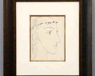 Pablo Picasso, Spanish, 1881-1973.  An engraving on Arches paper, untitled plate from the "Six Contes Fantastiques" book, 1953.  One of 25 copies numbered in Roman numbers, from a total edition of 225.  Numbered "VI/XXV" lower right.  Very slight toning and rippling, plexi with scratches.  Image 9 1/2 x 12 1/2" high, in a molded wood frame with minor surface wear, 24 1/2 x 27 1/2" high overall.