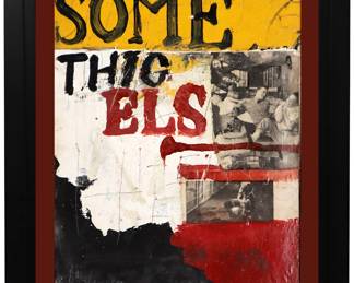 James C. Harrison, American (Detroit), 1925-1990.  A 1960's mixed media collage on cardboard, titled "Somethig Els".  Signed “Harrison”, titled and dated “1960” lower left.  Some surface grunge, areas with minor losses to paint, pin holes at corners.  Image 13 3/4 x 11" high, in a lacquered wood frame, 15 1/4 x 18 1/4" high overall.  PROVENANCE: From the estate of the artist.

