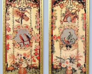 A pair of 20th century prints after painted designs for 18th century French "entre fenetre" tapestries.  Feature central Bird medallions with flower pots, draped garlands and floral borders.  Minor rippling.  Each image 17 1/4 x 44 1/4" high, in Gilded wood frames, 20 1/4 x 47 1/4" high overall.