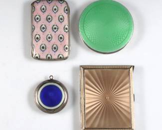 Four early 20th century Silver cases with Guilloche enamel decoration.  Rectangular and circular forms, includes an English Sterling cigarette case with Carmel decoration by Mappin & Webb (marked "MN & WB" with Birmingham 1937 hallmarks and "England"), an English Sterling compact with Green decoration by Henry Clifford Davis (marked "HCD" with Birmingham 1920 hallmarks), an Austrian .900 Silver cigarette case with floral decoration by Georg Adam Scheidt (marked "GAS" with Viennese hallmarks and "900") and an English pill box with hanger and Blue decoration by Charles Edwin Turner (marked "CET" with Birmingham 1911 hallmarks).  Some surface wear, compacts retains powder, pill box with denting.  Up to 2 3/4" diameter and 3 1/4" long.  