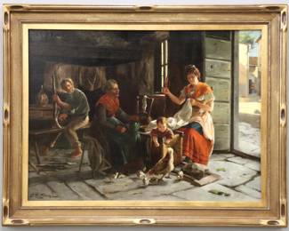 A 19th century oil on canvas genre scene.  Interior scene depicting a family doing household work while a child plays with hen and chicks.  Signed "G.R. Franke" (n.d.) lower left.  Previously cleaned, canvas lined with some in-painting.  38 1/2 x 28 1/4" high, in a Gilded wood frame, 46 3/4 x 36 1/2" high overall.  
