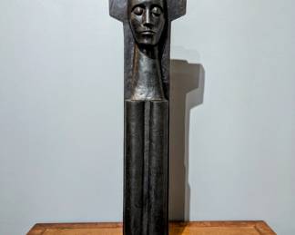 Sue Linberg Brose, American, 20th century.  A 20th century Bronze sculpture of a caryatid figure with dark patina, titled “Caryatid V”.  Signed “Linberg” at base,  titled on paper label to underside.  Minor wear.  29" high.  
