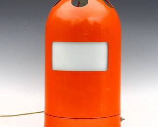 A Mid Mod Heyco Space Age table lamp.  Cylindrical form with domed top and circular holes, diffuser plate and fitted lift-off cover for light adjustment.  Cord fitter marked "Heyco" and "SB 375-4".  Top with some scrapes to enamel and minor denting.  16" high.