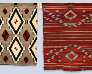 Two 20th century Navajo Regional weavings.  Multi-color geometric designs on Brick Red and Tan fields.  Some wear, minor fading and damage particularly to Red weaving.  Up to 2.5 x 3.6' high overall.