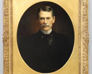 A turn of the century American oil on canvas portrait of a man.  Depicted quarter length wearing Black dress attire.  Previously cleaned, canvas lined with in-painting.  Image 21 1/4 x 26 1/2" high, in a Gilded wood Newcomb-Macklin frame with some shrinkage, 31 1/2 x 36 1/2" high overall.  
